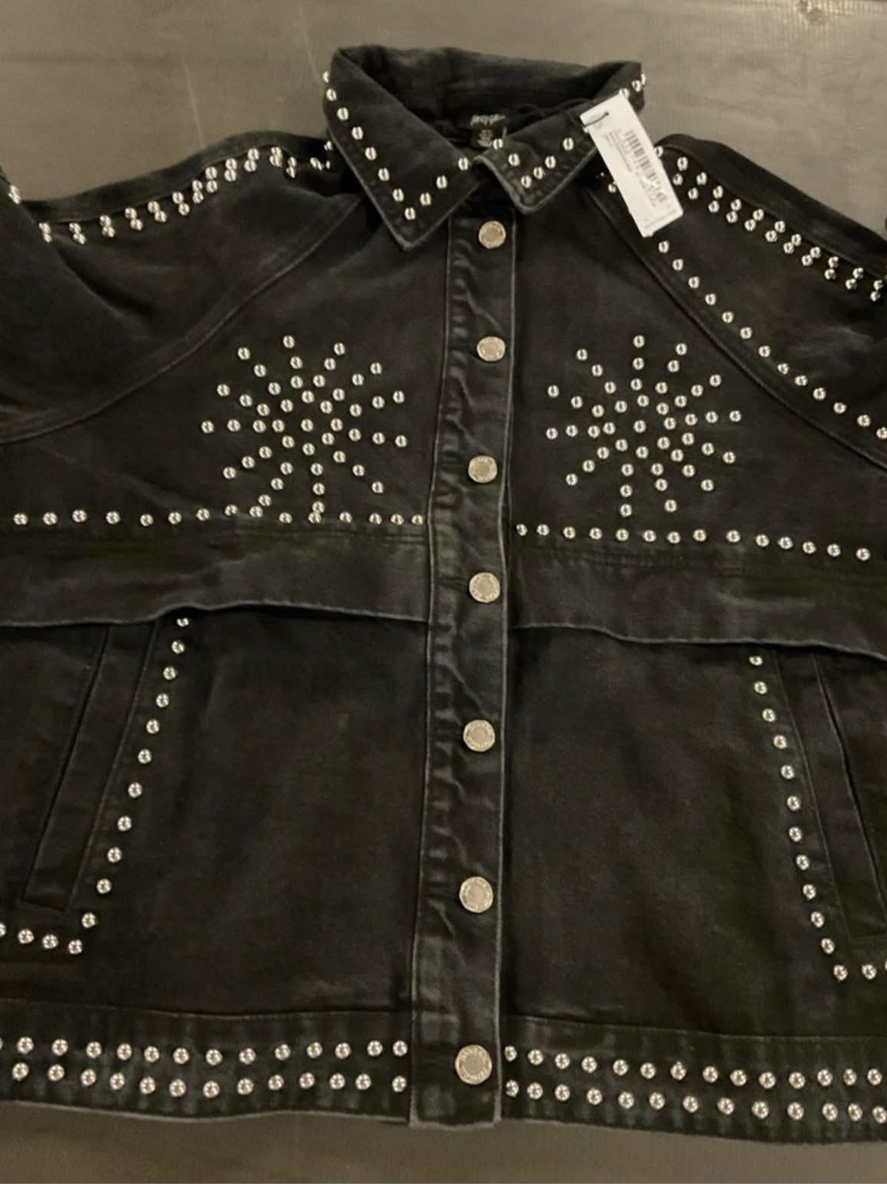 Y2K Nasty Gal Women’s Western Studded Black Denim Jacket Silver Rhinestone